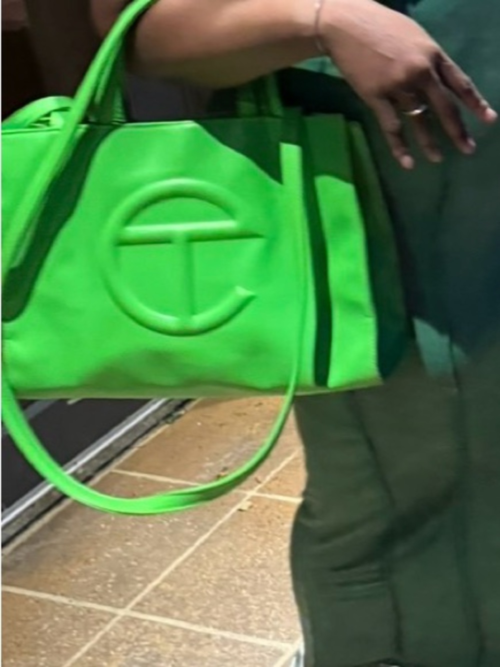 Telfar Neon Green Signature Leather Shoulder Tote